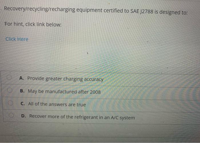 Recovery recycling recharging equipment certified to sae j2788
