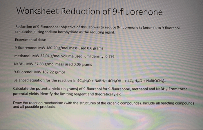 Reduction of 9 fluorenone lab report