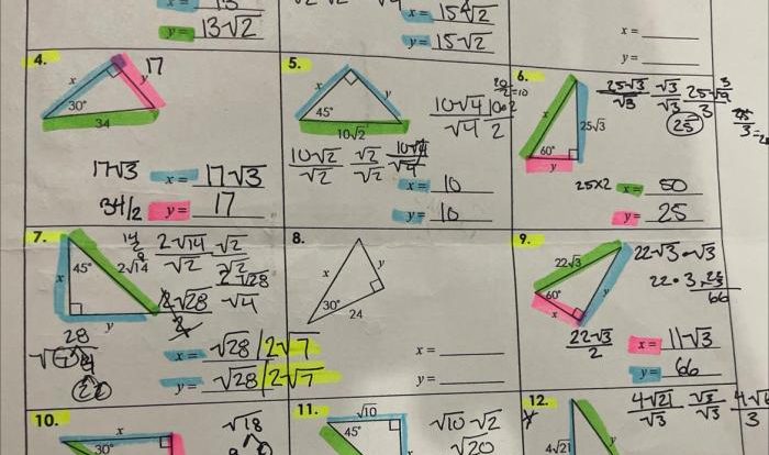 Special right triangles worksheet answer key 45 45 90